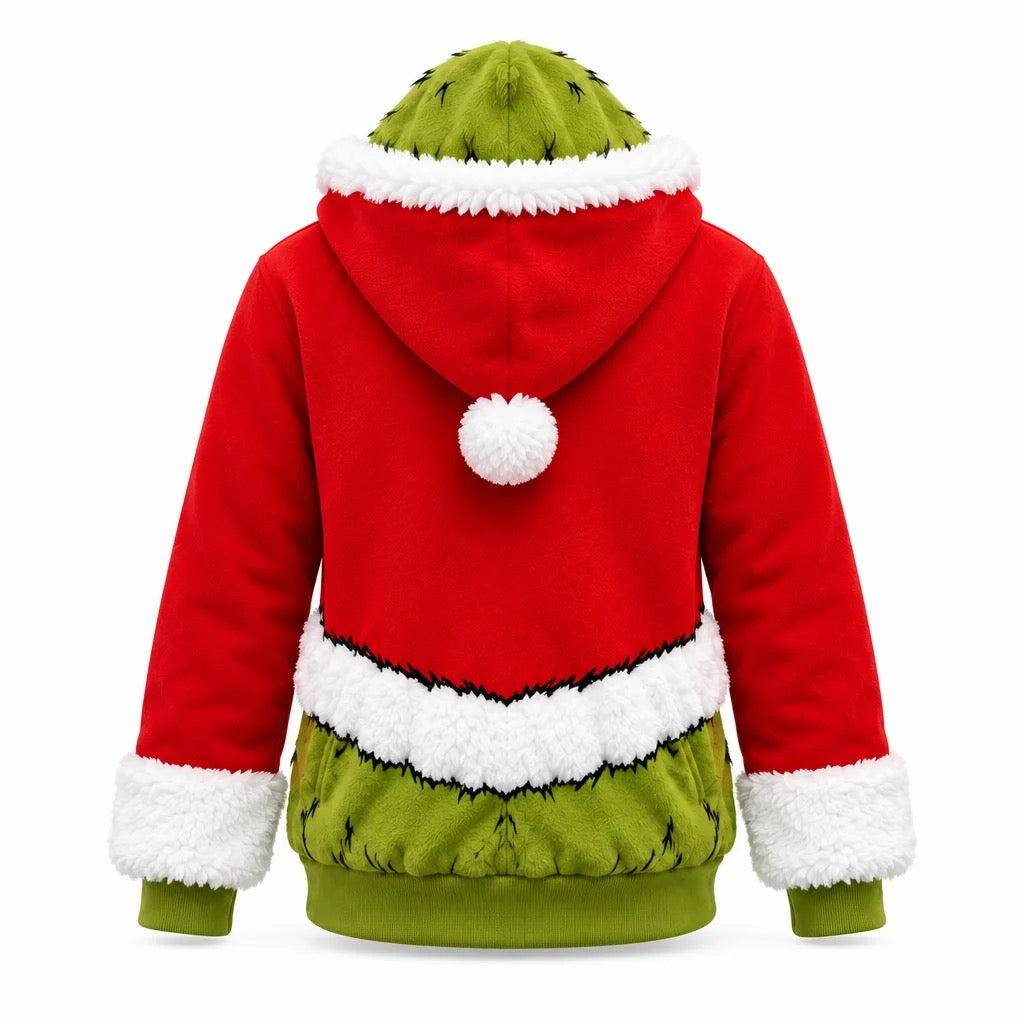 GrinchZip Christmas hoodie with green fur mask
