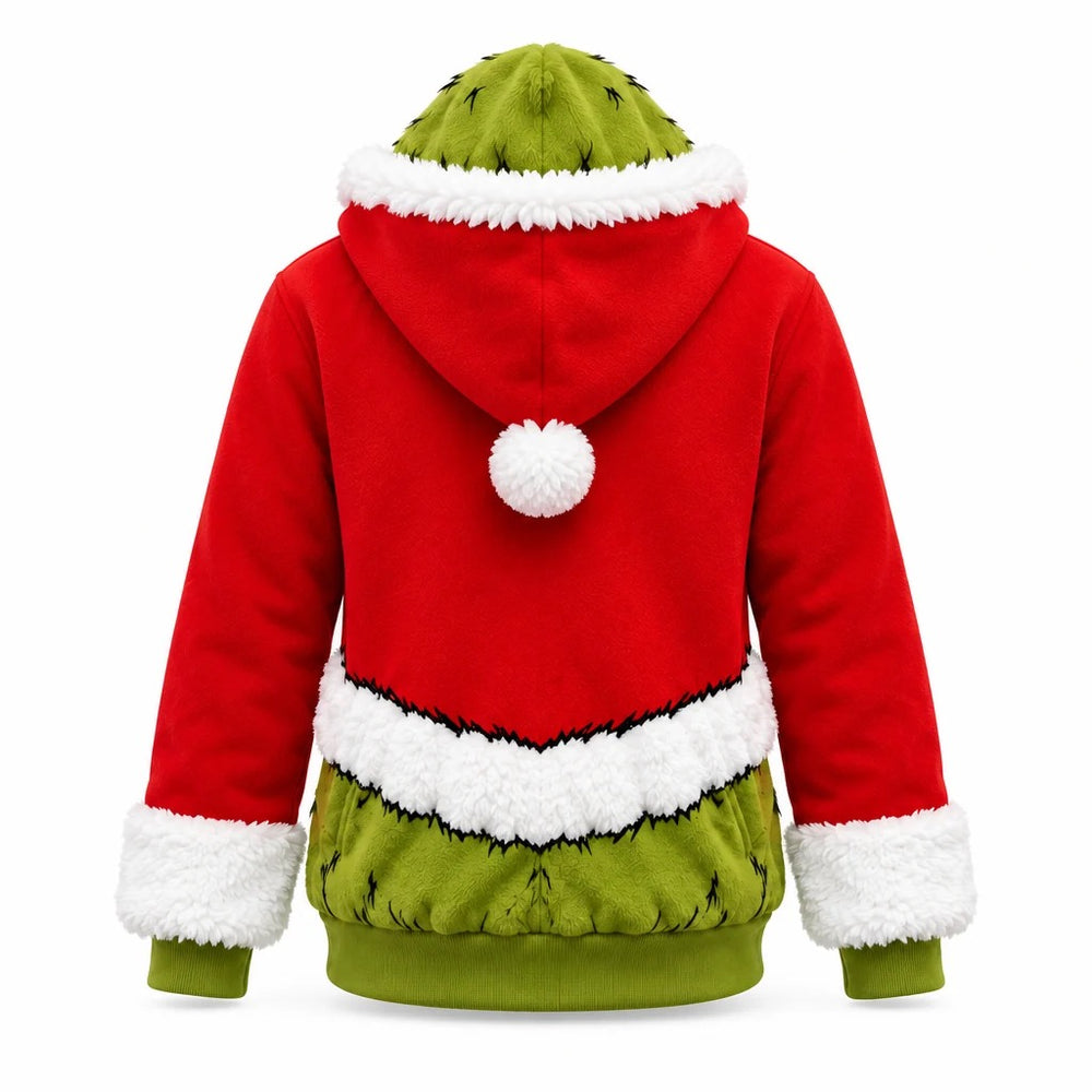 GrinchZip Christmas hoodie with green fur mask