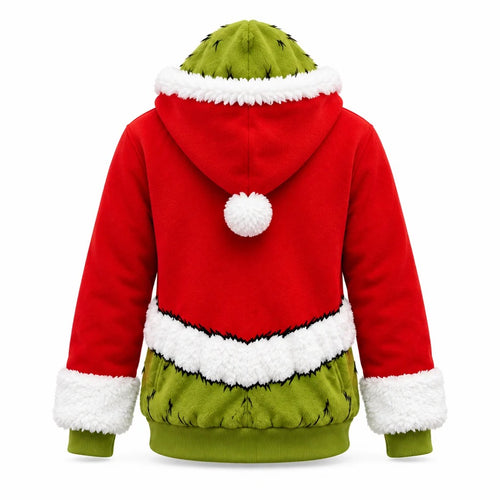GrinchZip Christmas hoodie with green fur mask